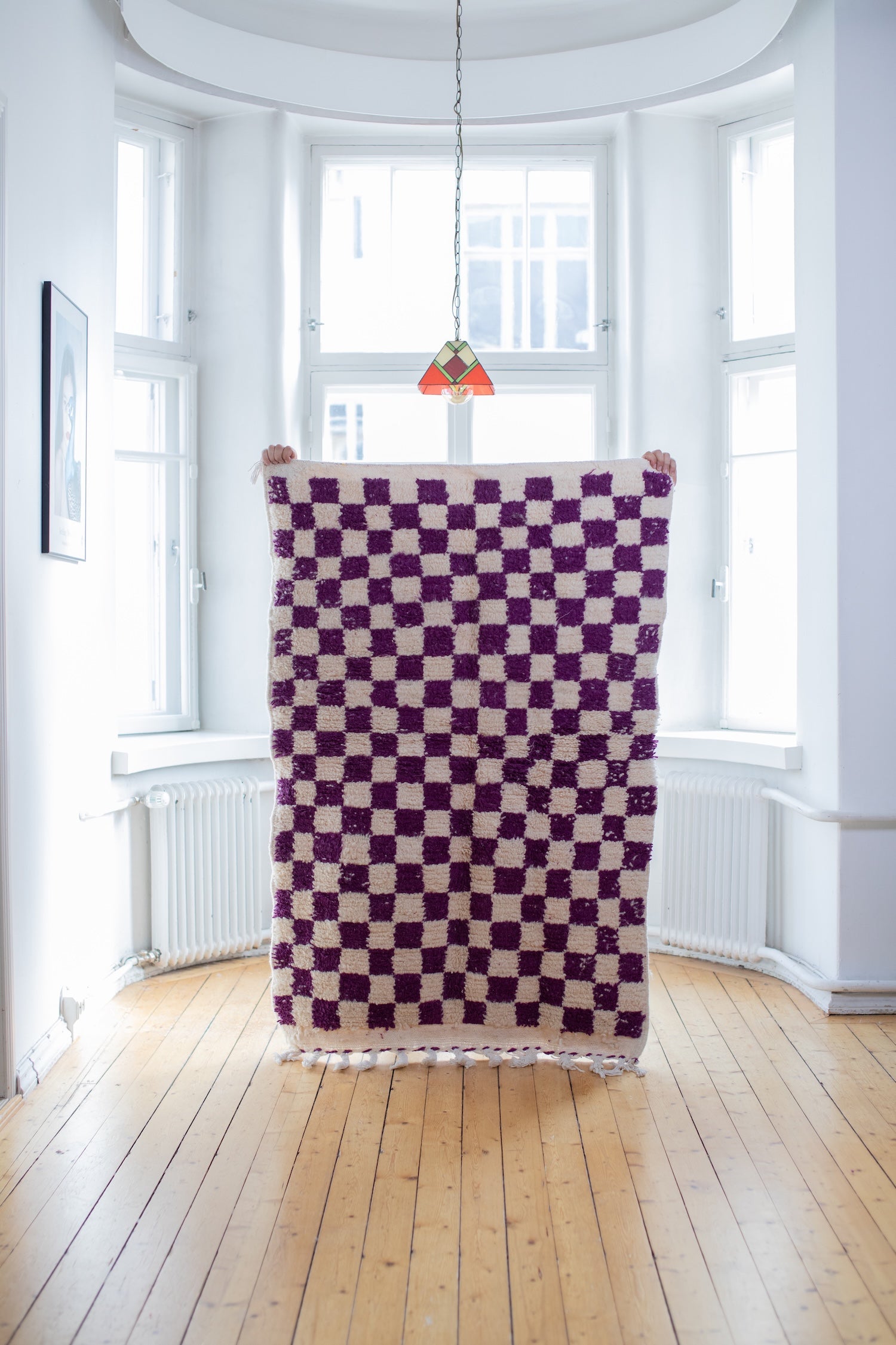 Lila ruudullinen villamatto<br>155cm x 105cm
